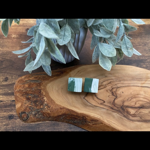 Hand Crafted Jewelry - Handmade Clay Square Studs - Forest Greens Series